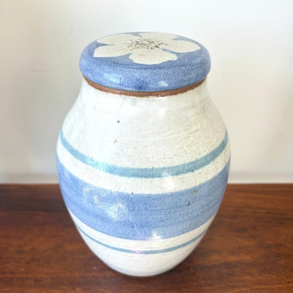 Vintage Studio Pottery Lidded Jar Blue White Floral Ceramic Canister 6.75in